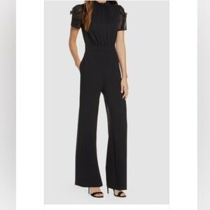 VINCE CAMUTO Chiffon Bodice Jumpsuit Size 2 Black Short Sleeve Mock Neck